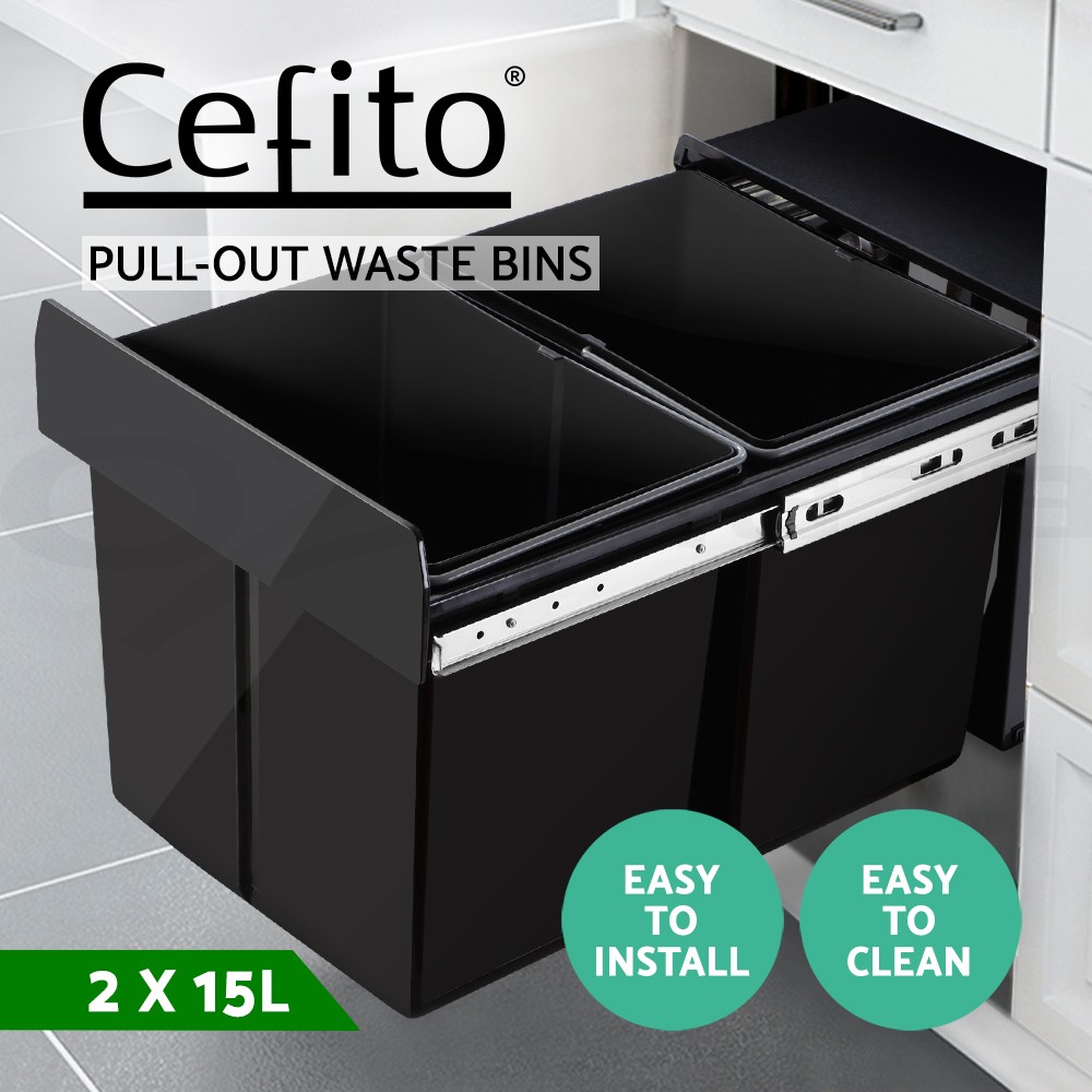 Cefito Pull-Out Kitchen Rubbish Bin 2X15L Dual Sliding Black Removable Plastic