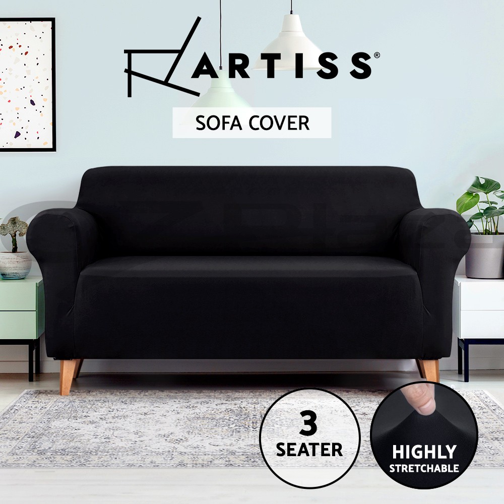 Artiss Stretch Sofa Cover 3 Seater Black Knitted Fabric Elastic Machine Washable