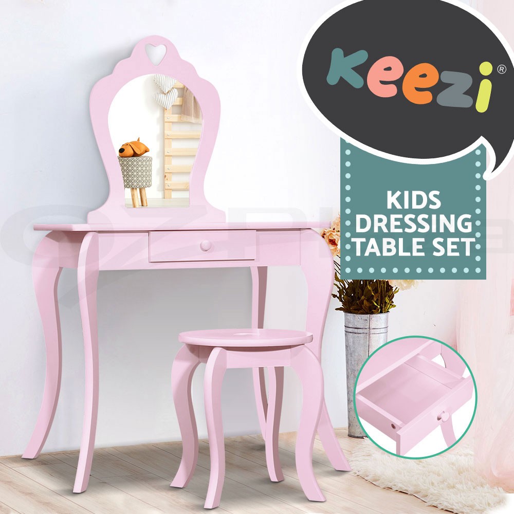 Keezi Kids Pink Vanity Dressing Table Stool Set Mirrored Makeup Drawer 109 cm