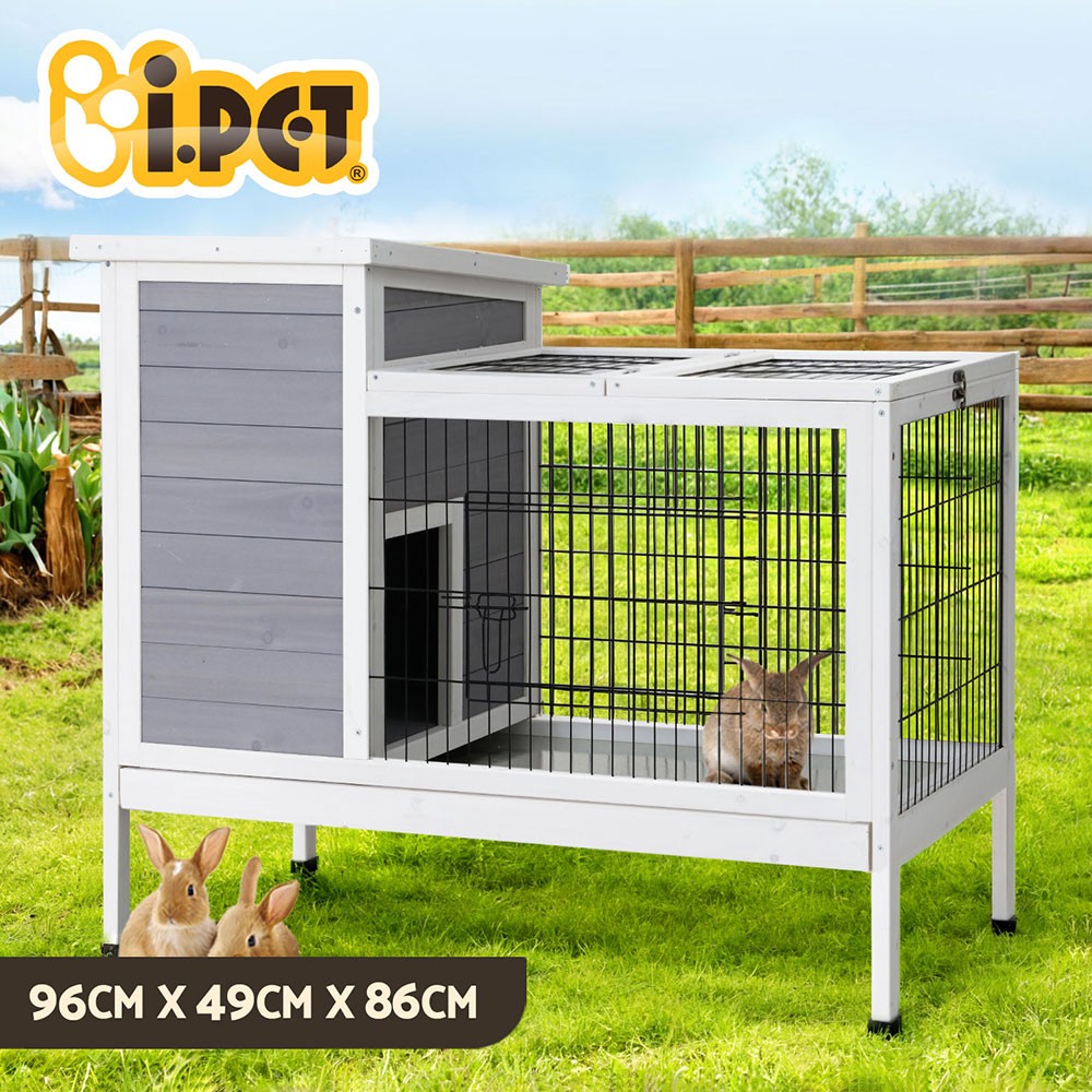 i.Pet Large Rabbit Hutch Fir Wood Powder Coated Mesh Grey White 97cm 49cm 86cm