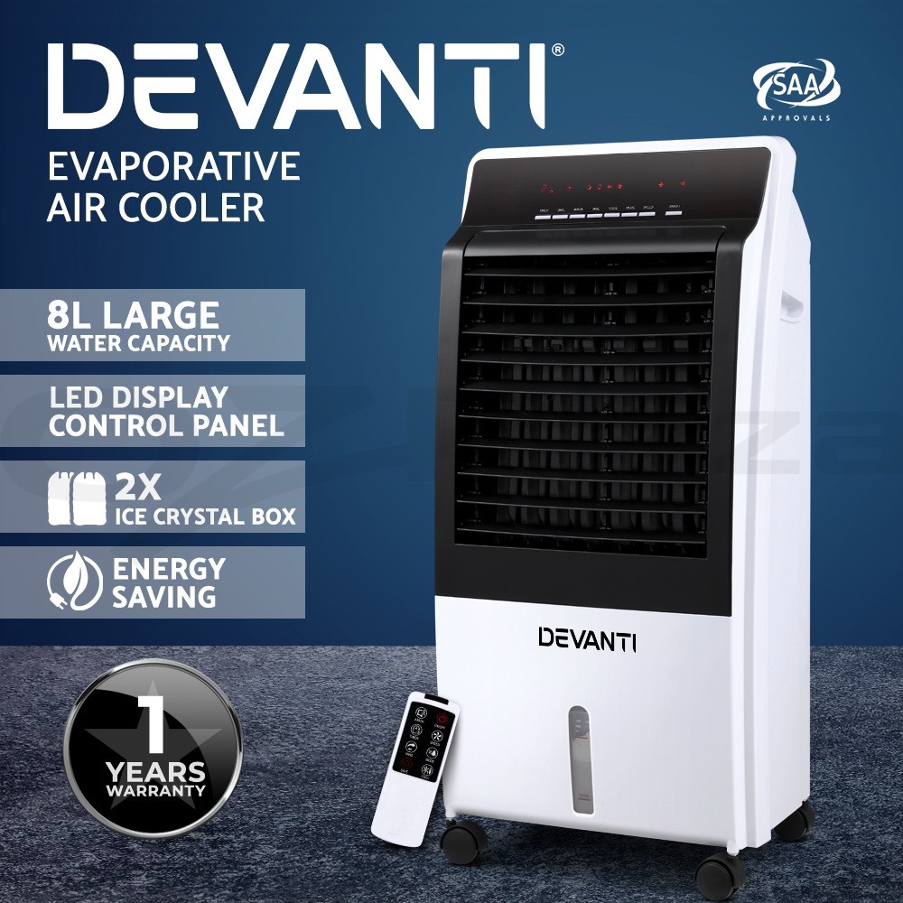 Devanti Evaporative Cooler 8L 3-speed Remote Control Display White 9-hour timer