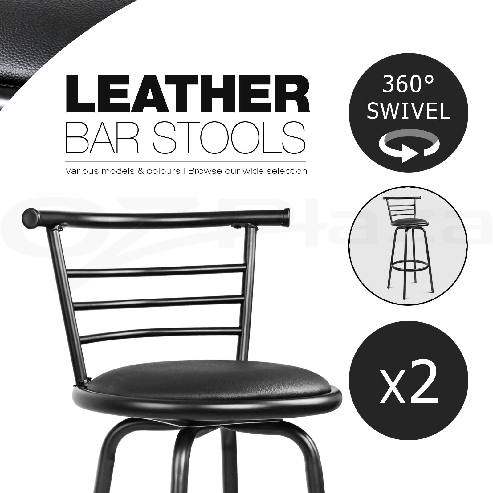 Artiss 2x Kitchen Bar Stools Swivel PU Leather Black Steel 75cm Footrest Padded