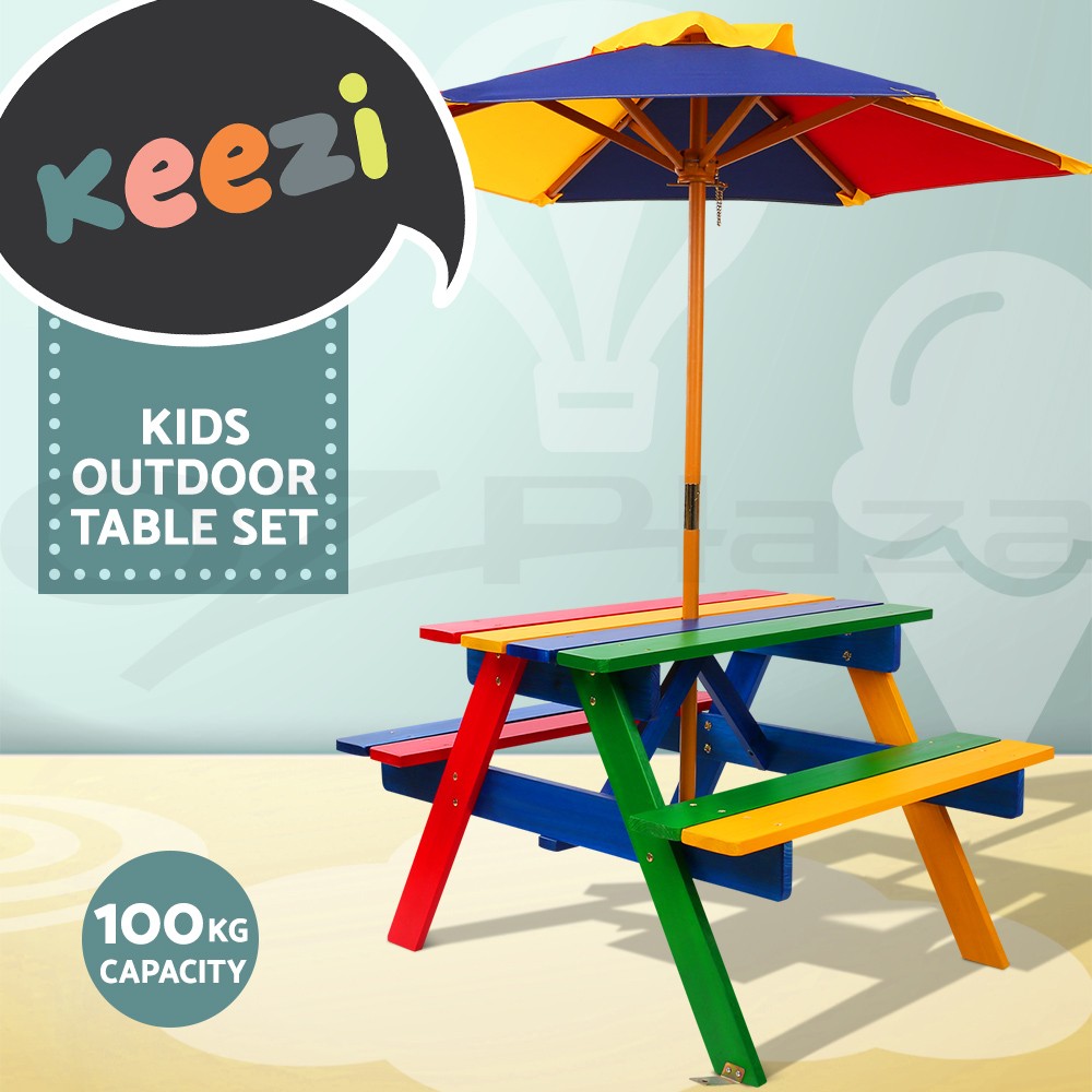 Keezi Kids Outdoor Picnic Bench Table Set Umbrella Multicoloured Wood 3-8 Years