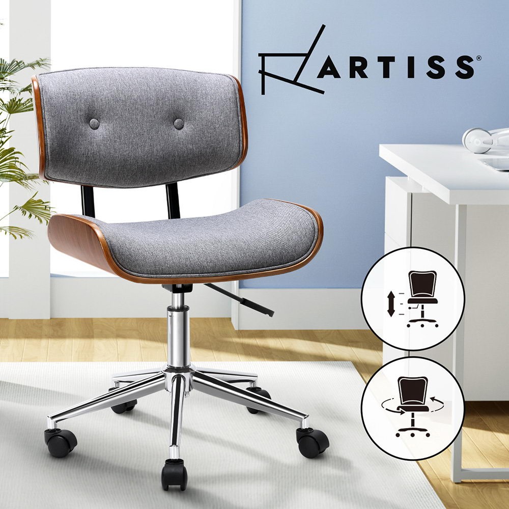 Artiss Wooden Office Chair Grey Fabric Seat Adjustable Height 360 degrees chrome