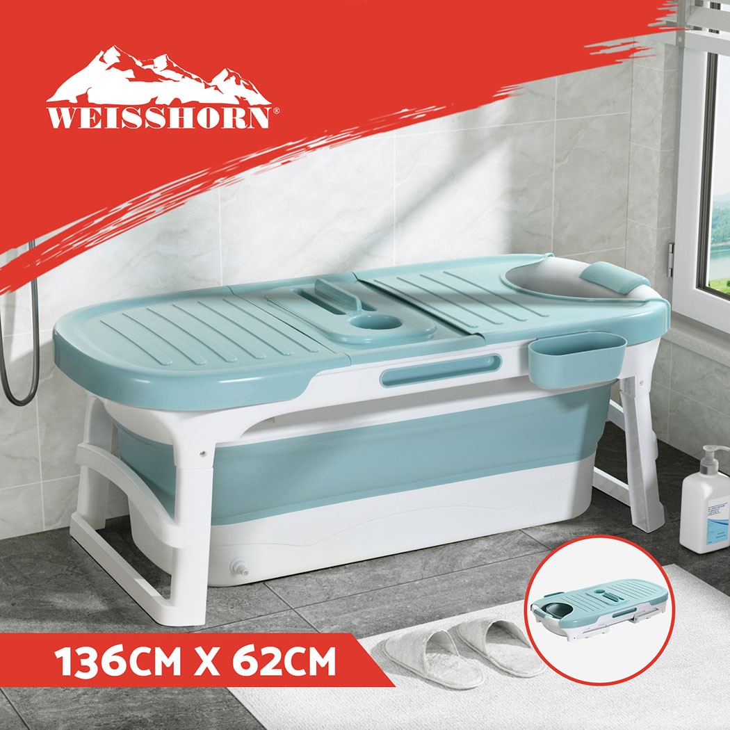 Weisshorn Foldable Bathtub Portable Spa Blue 136x62cm Cover Plate Foot Massage