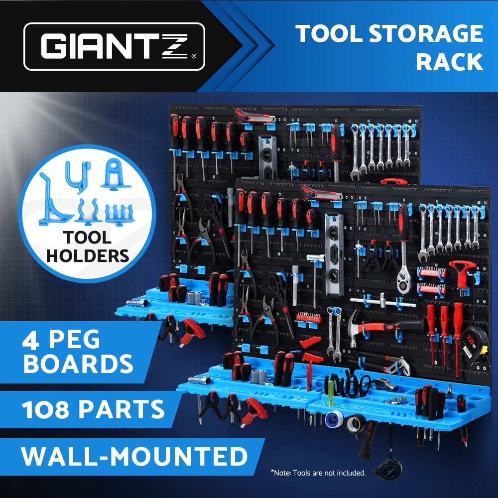 Giantz 108 Storage Bin Rack Wall Mounted Peg Board 100 Tool Holders Blue Black