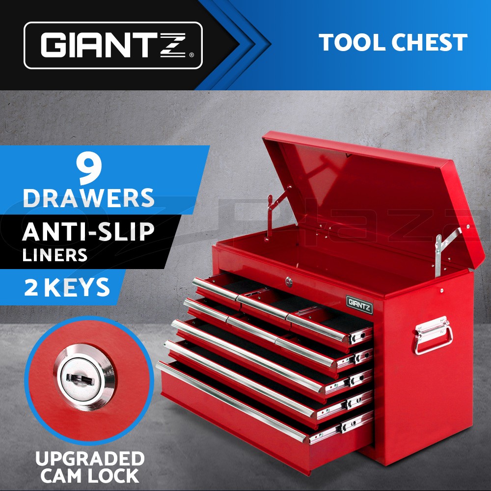 Giantz 9 Drawer Tool Chest Cabinet Red Steel Lockable Ball Bearing Slides 75kg