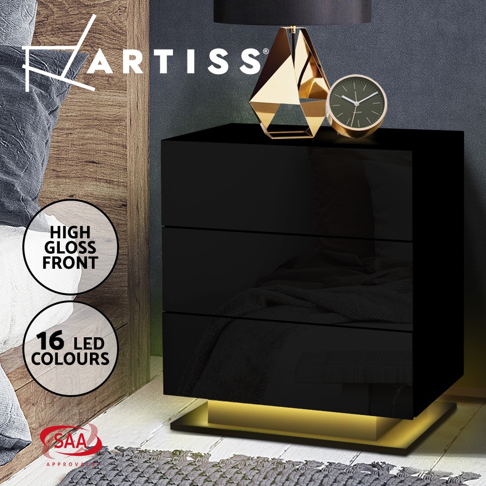 Artiss LED Bedside Table Modern Black Glossy 53cm x 35cm x 60cm MDF 3 Drawers