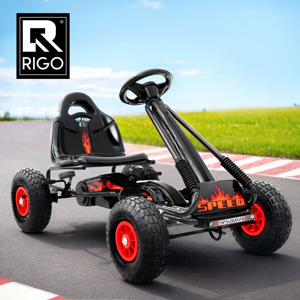 RIGO Pedal Go Kart Ride Black Rubber Pneumatic Tyres Adjustable Seat 3-4 Years