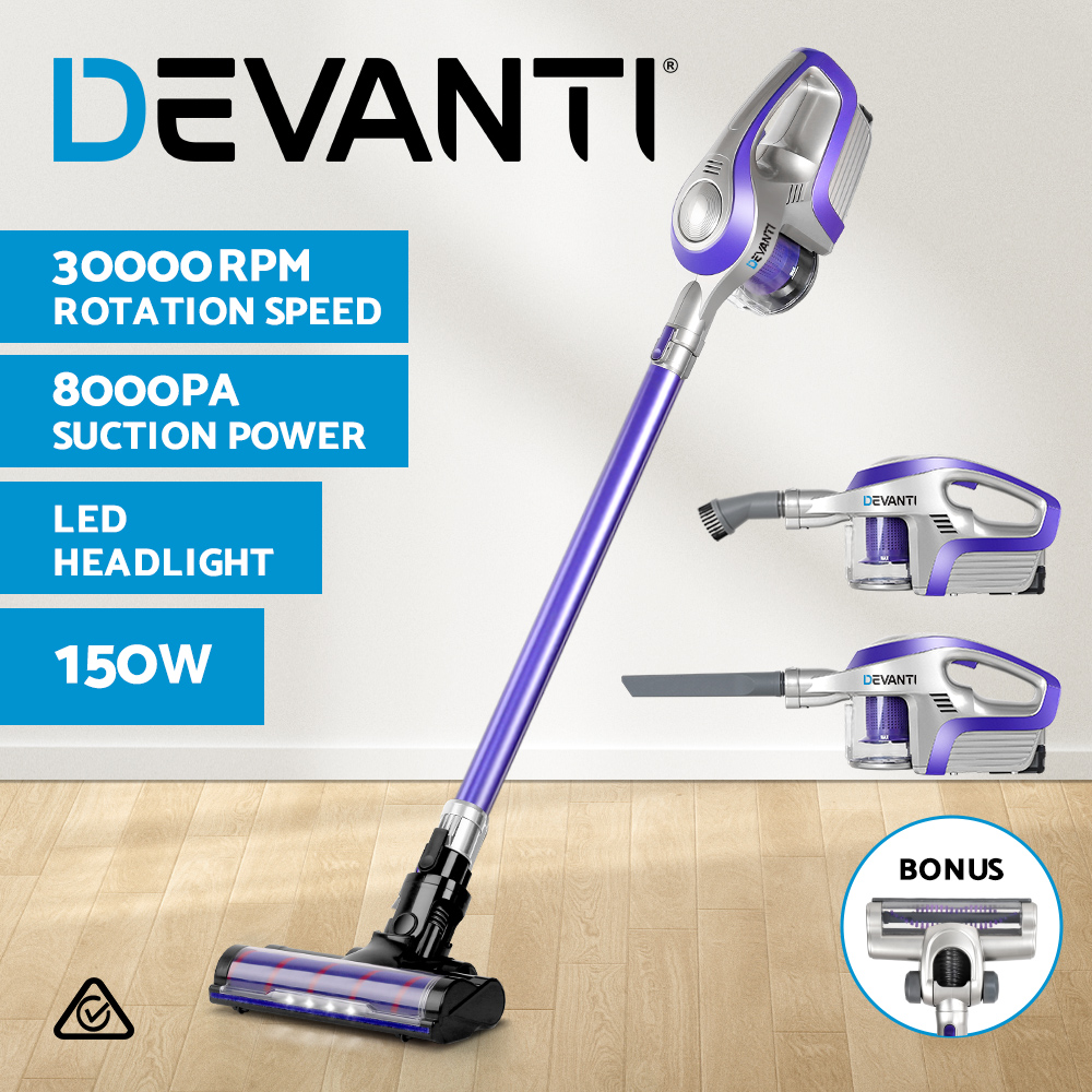 Devanti Cordless Handstick Vacuum Cleaner 150W Motorised Roller Head Purple