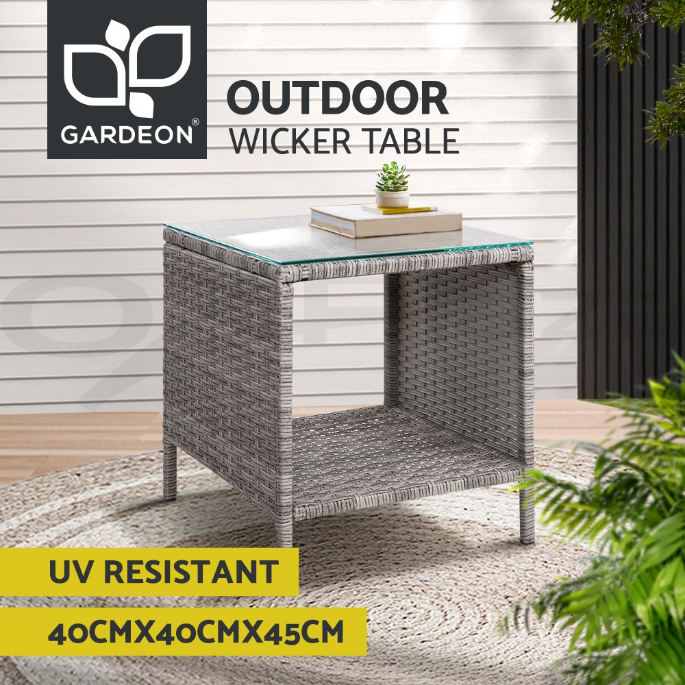 Gardeon Side Table PE Wicker Rattan Tempered Glass Steel Frame Grey 40cm Outdoor