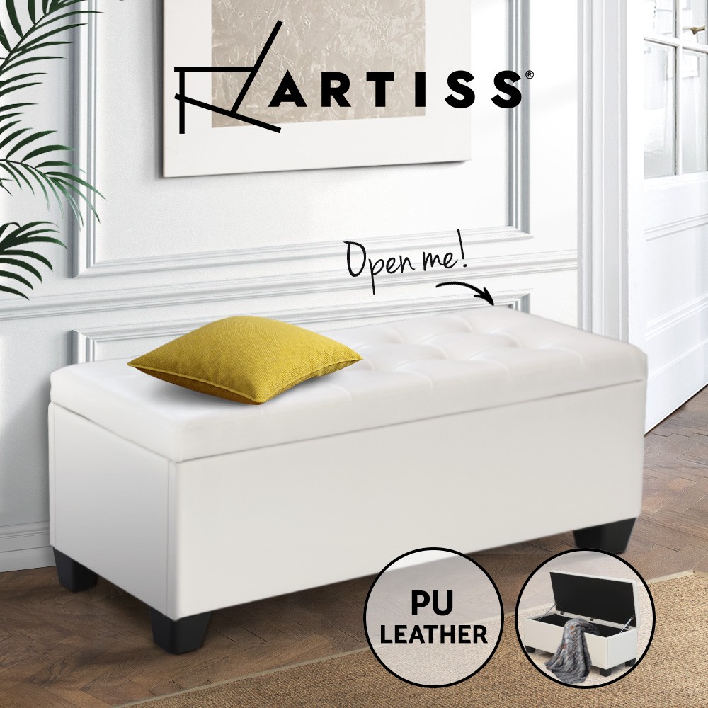 Artiss Storage Ottoman Blanket Box Bench Faux Leather White 97cm Lift-up Foam