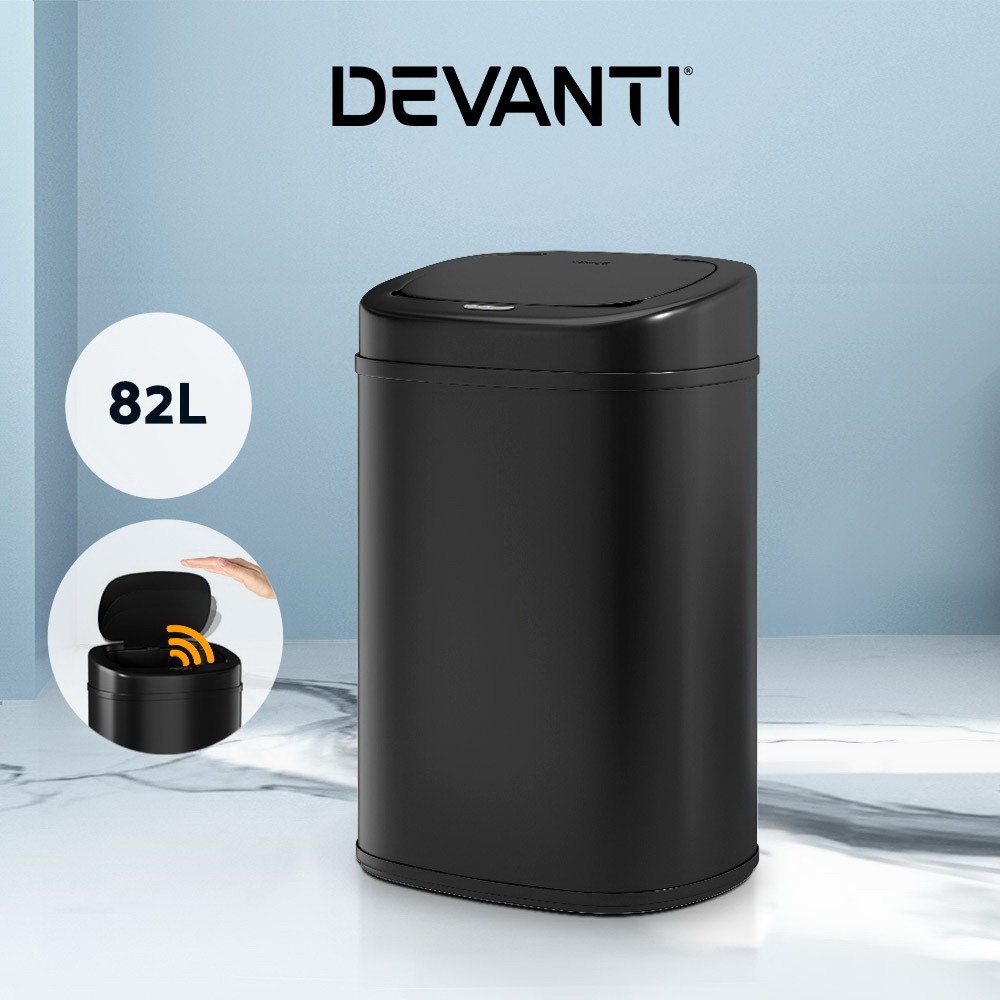 Devanti 82L Motion Sensor Automatic Steel Rubbish Kitchen Black 73 Hands-free