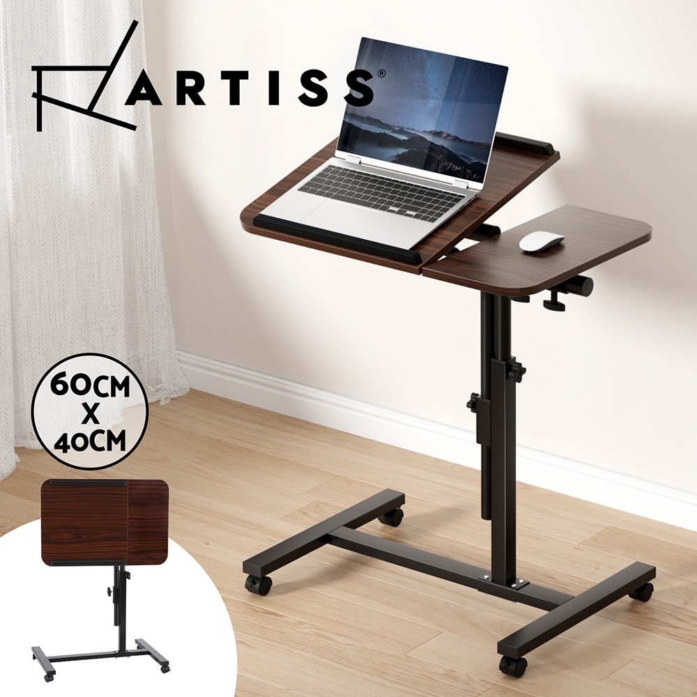 Artiss Adjustable Laptop Desk Table Walnut 60CM Tilt Swivel With Wheels 64-91cm