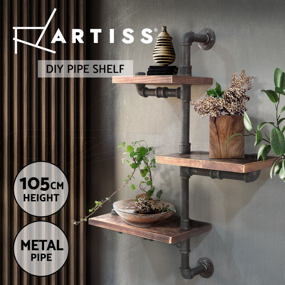 Artiss Floating Wall Shelf 3-Tier Industrial Metal Pipe Timber Brown RSB-WL9001