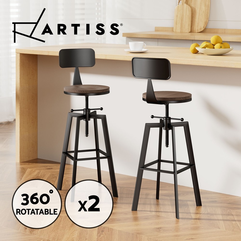 Artiss Angus 2x Adjustable Industrial Bar Stools Black Elm Wood Seat 79.5cm