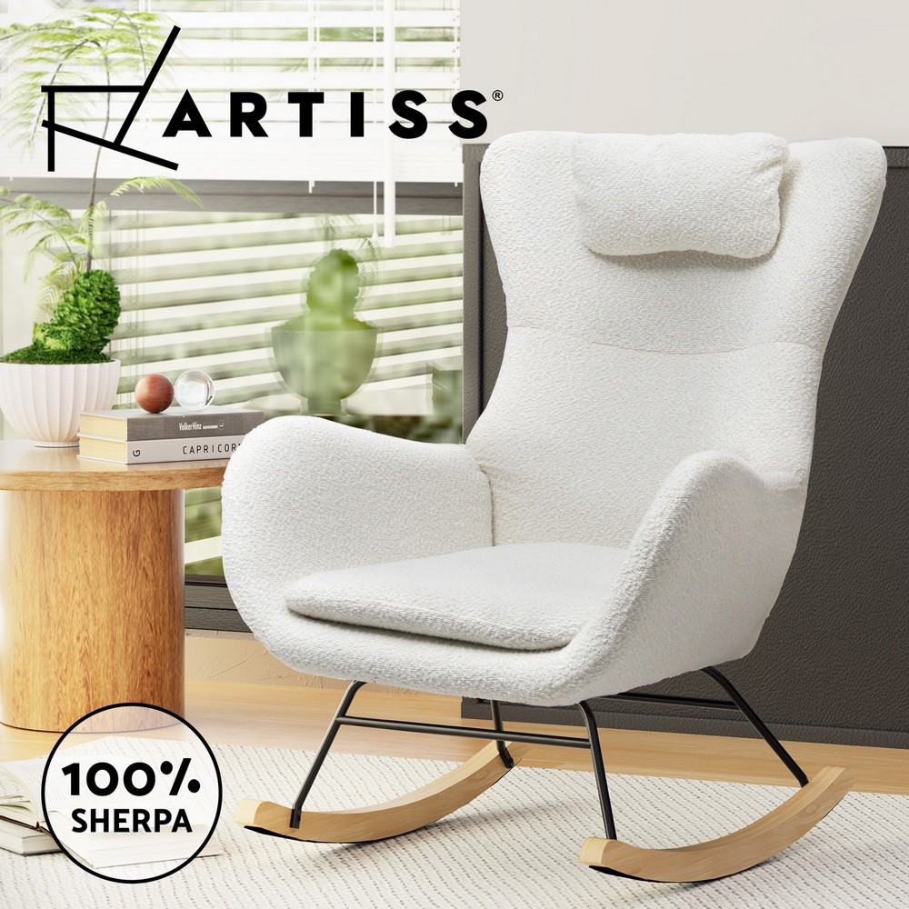 Artiss Rocking Armchair Nursing Chair Boucle White Teddy Fabric Pillow 150kg