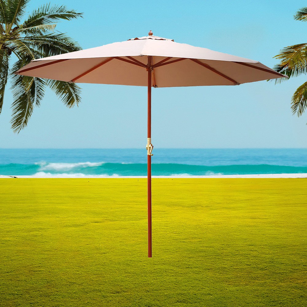 Instahut 3m Centre Post Outdoor Umbrella Beige UPF 50 Polyester UMBPOLE3HBG Wood