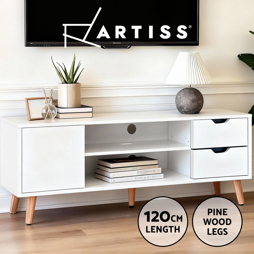 Artiss Larin TV Cabinet Entertainment 120cm White 2 Drawers Shelves Scandinavian