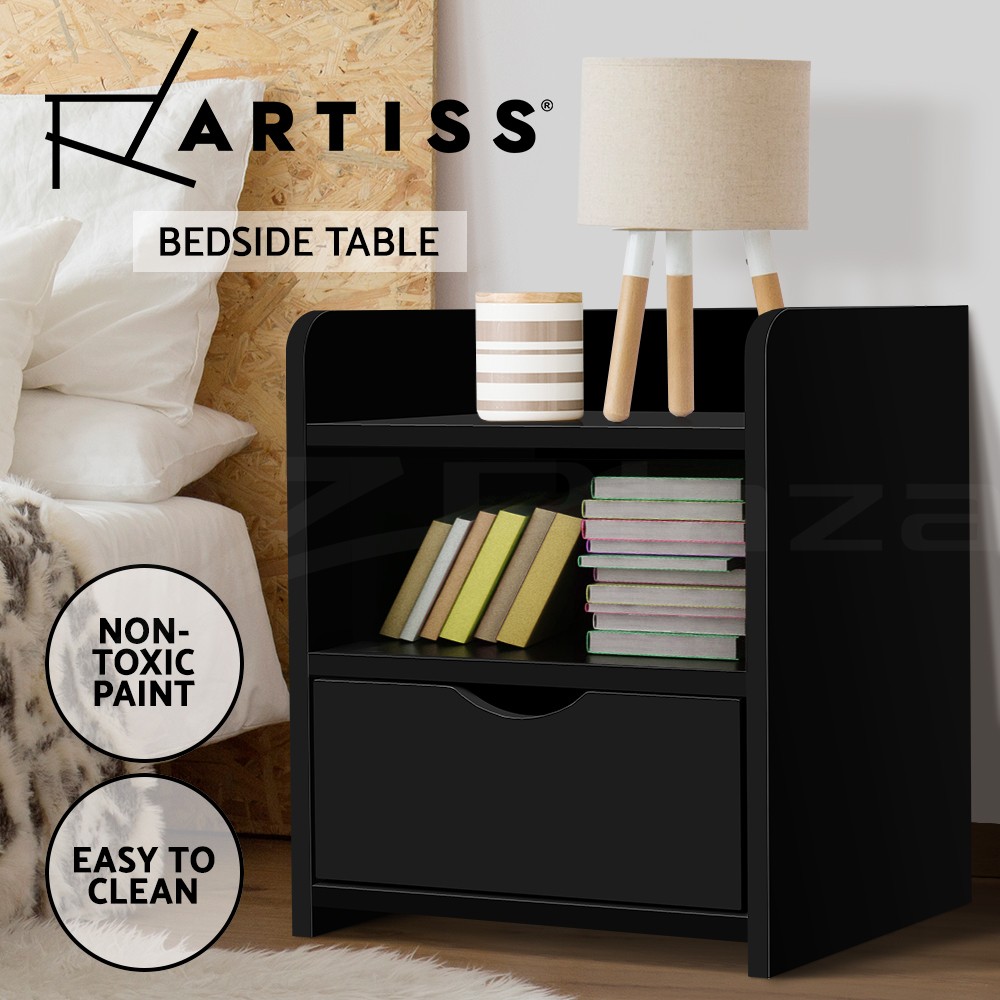 Artiss Fara Bedside Table Nightstand Storage Drawer Two Open Shelves Black 37cm