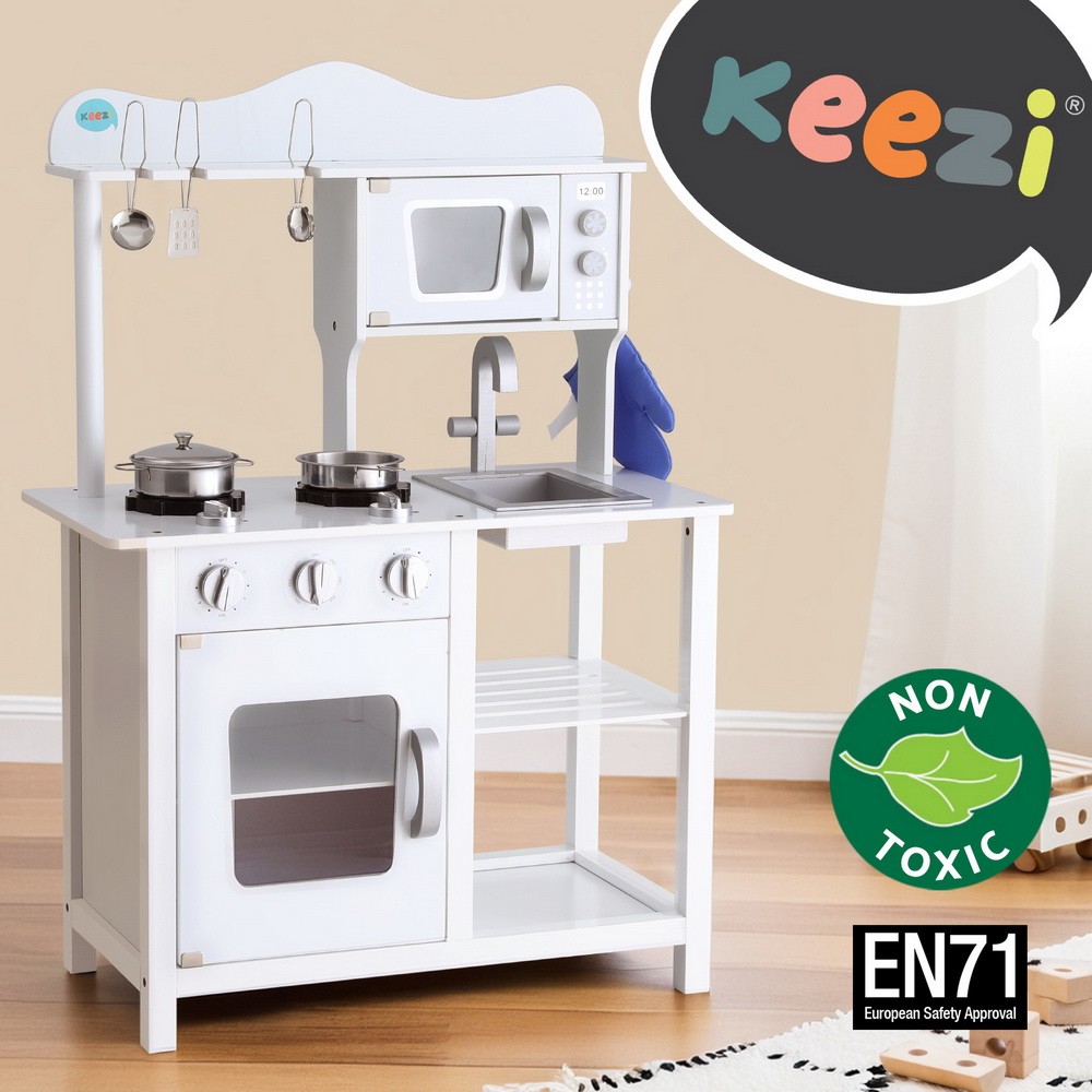 Keezi Wooden Kitchen Play Set Pretend Cooking White 60 x 30 x 85cm EN71 Safety