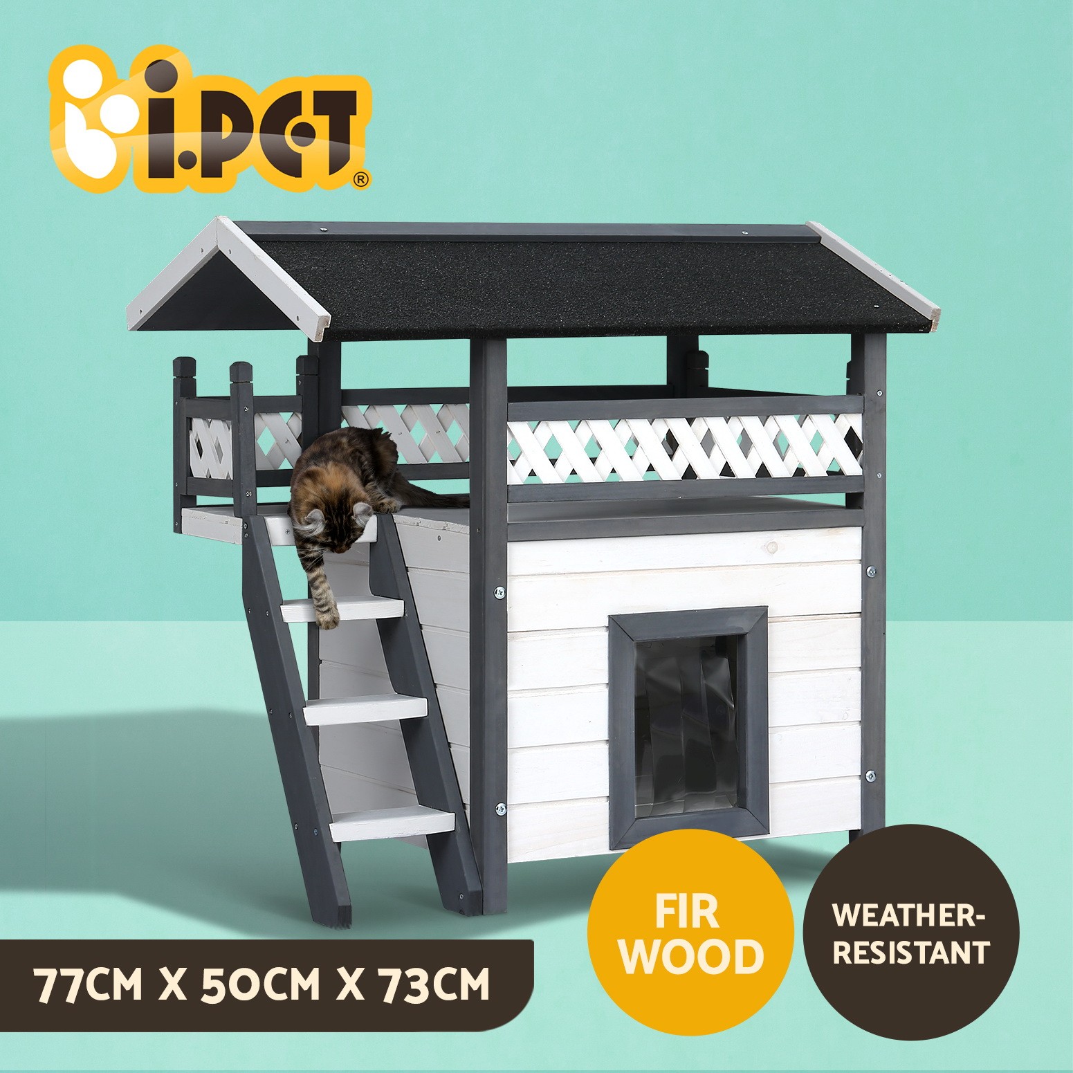 i.Pet Rabbit Hutch Cat House Grey white Double Level Fir Wood 77cm 50cm 73cm