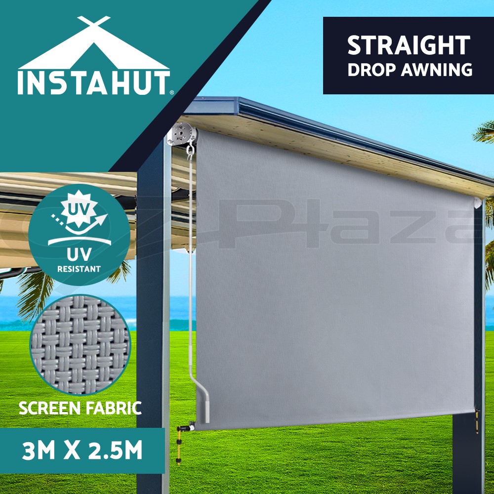 Instahut Retractable Privacy Screen Awning 3.0X2.5M Grey Aluminium Wall-Mounted