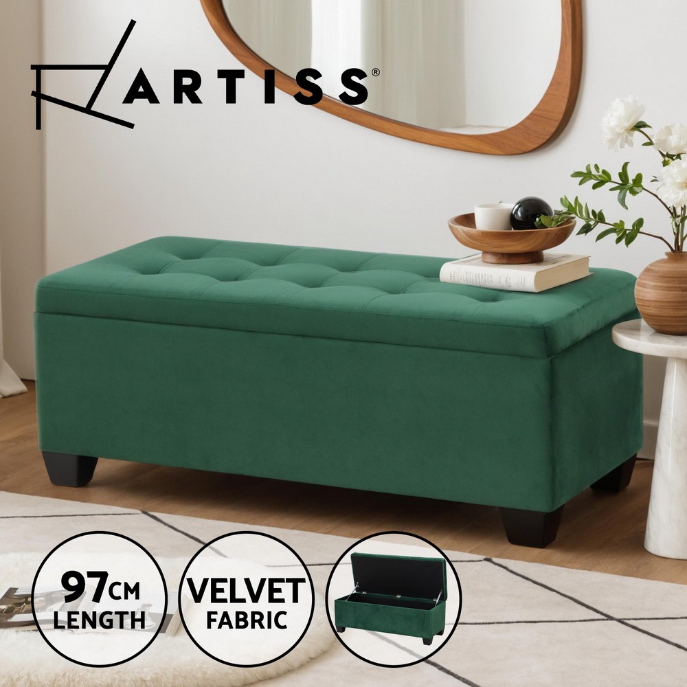Artiss Storage Ottoman Velvet Blanket Box Green Lift-up Lid 98 cm 41 cm 35.5 cm