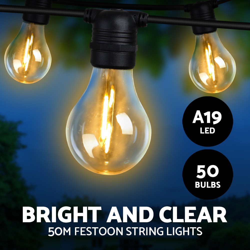 Jingle Jollys 50m LED Festoon String Lights Warm White IP44 Outdoor Wedding
