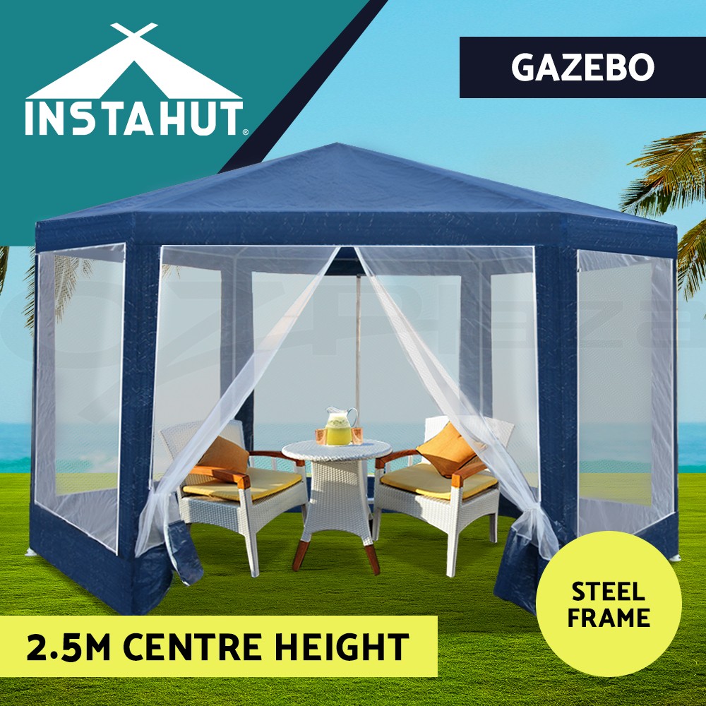 Instahut Hexagonal Gazebo 2x2 Navy Mesh Wall Powder Coated Steel Wedding Party