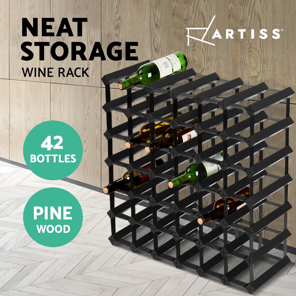 Artiss Wine Rack 42 Bottle Timber Black Stackable 61cm Cellar Heavy-duty Steel