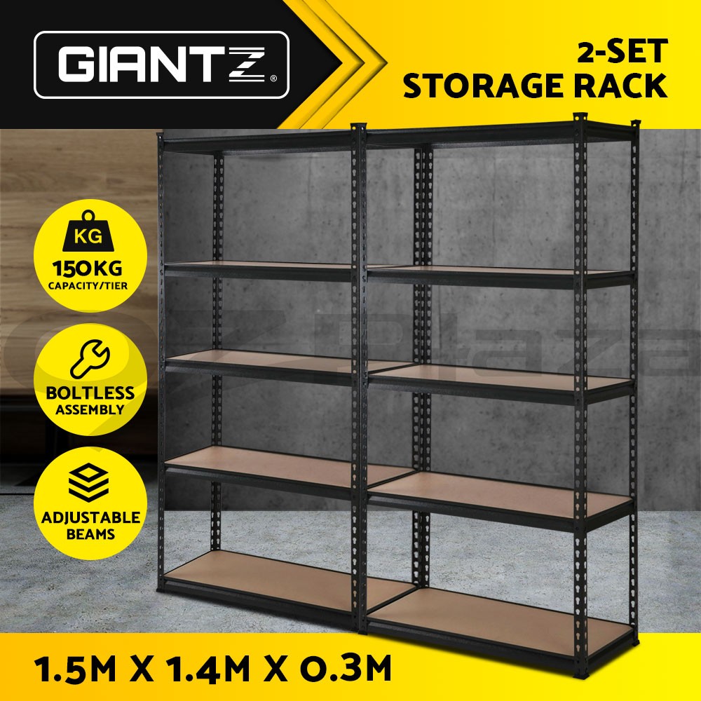 Giantz Warehouse Storage Shelf Rack 2x1.5M Garage Black Steel Boltless 750kg