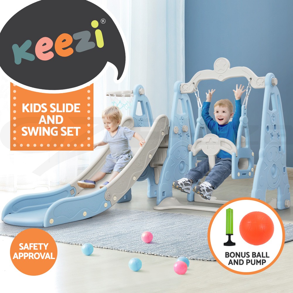 Keezi 3-in-1 Kids Slide Swing Set Blue 170cm Outdoor Basketball Hoop Ball Pump