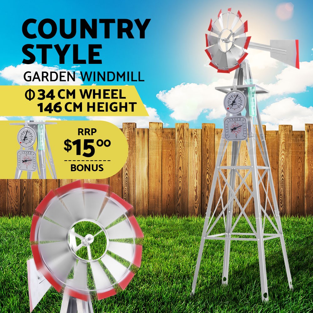 Gardeon Garden Windmill 4FT 146cm Metal Grey Rust-proof Weathervane 12 blades