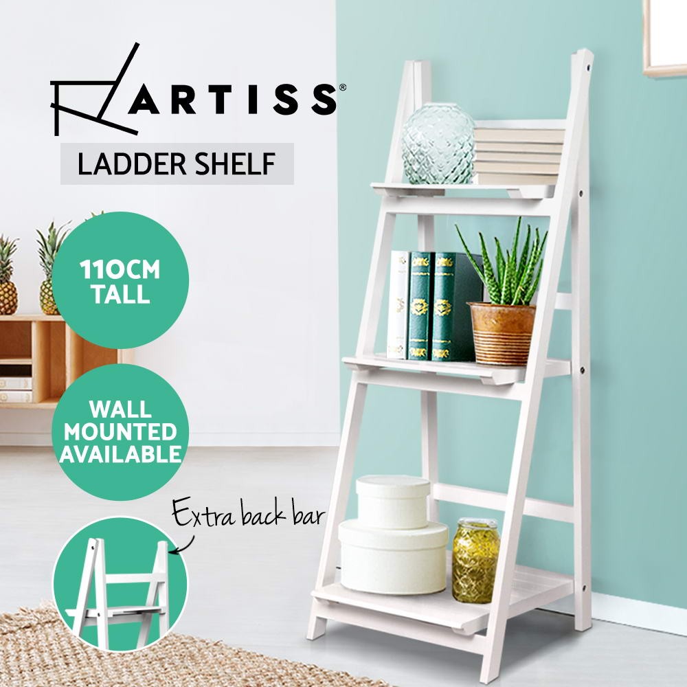 Artiss 3-Tier Ladder Shelf Bookshelf White Free Standing Foldable Storage 110cm