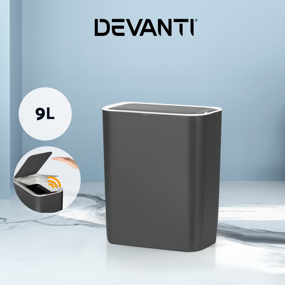 Devanti 9L Motion Sensor Bin Automatic Hands-free Waterproof Plastic Ash Black