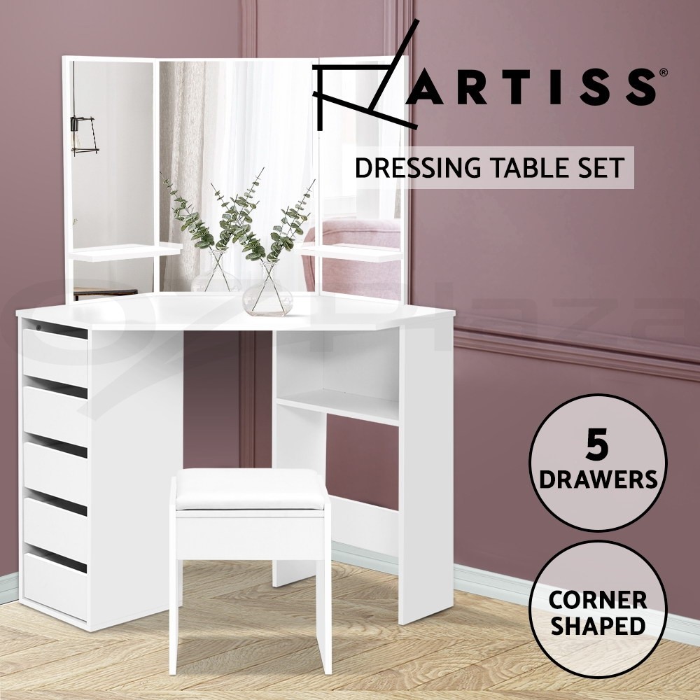 Artiss Corner Vanity Dressing Table With Mirror Stool White 5 Drawers 3 Shelves