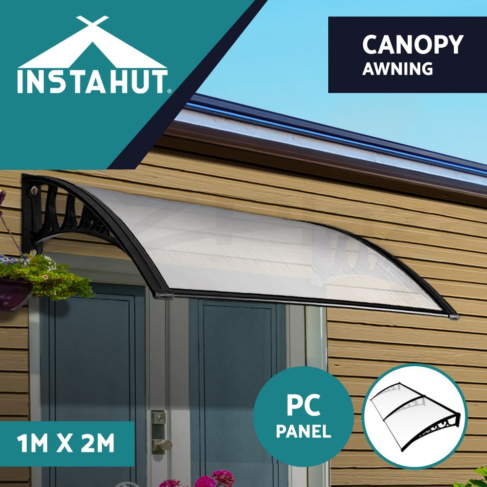 Instahut Door Window Awning Canopy 1X2M Transparent 5mm Hollow Panel Aluminium