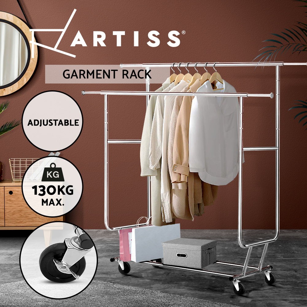 Artiss Adjustable Garment Rack Double Rail Metal Silver Portable Chrome 55cm