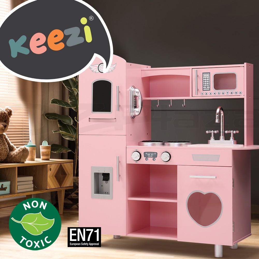 Keezi Wooden Kitchen Play Set Pretend Cooking Pink Wood MDF Detachable Sink