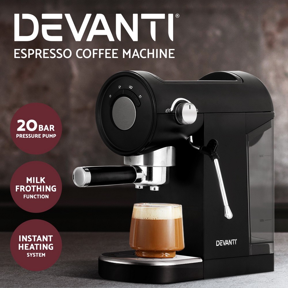 Devanti 20 Bar Espresso Coffee Machine Milk Frother Black 1360W Removable Water