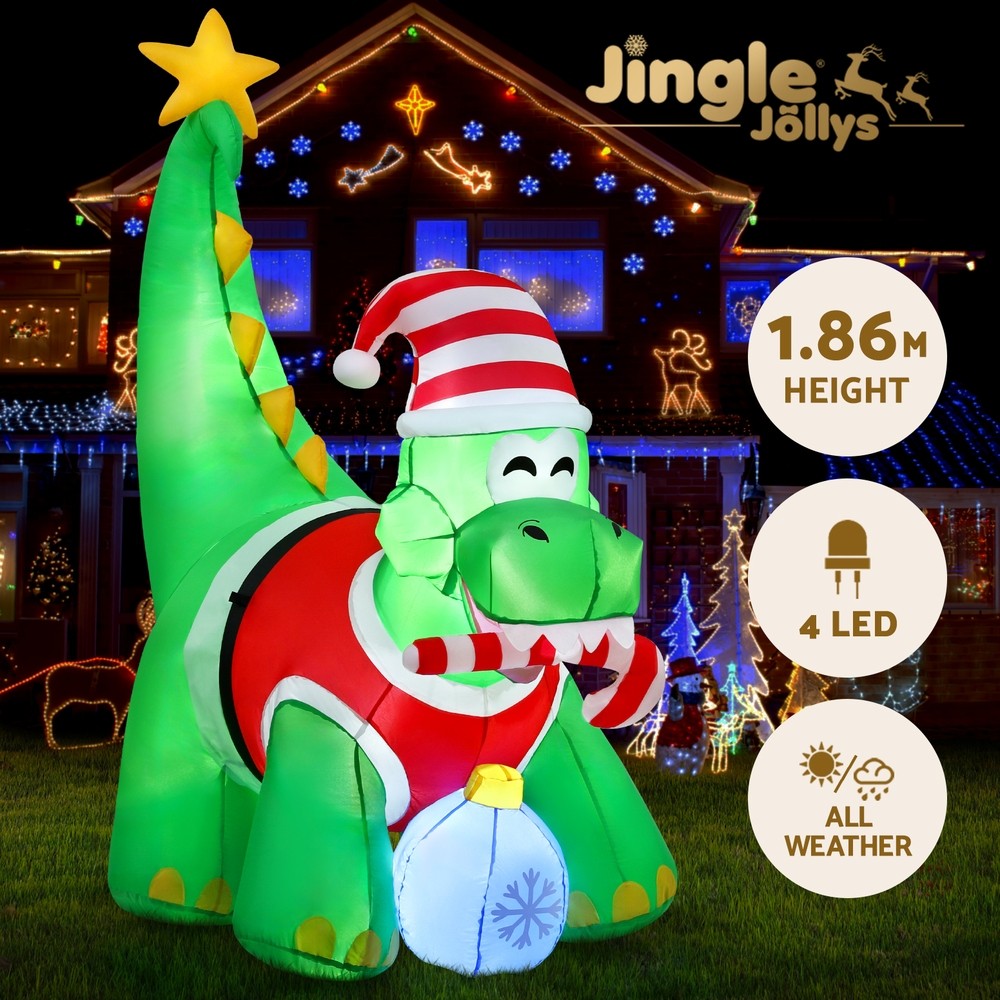 Jingle Jollys Christmas Dinosaur Inflatable 1.86M LED Illuminated Indoor outdoor