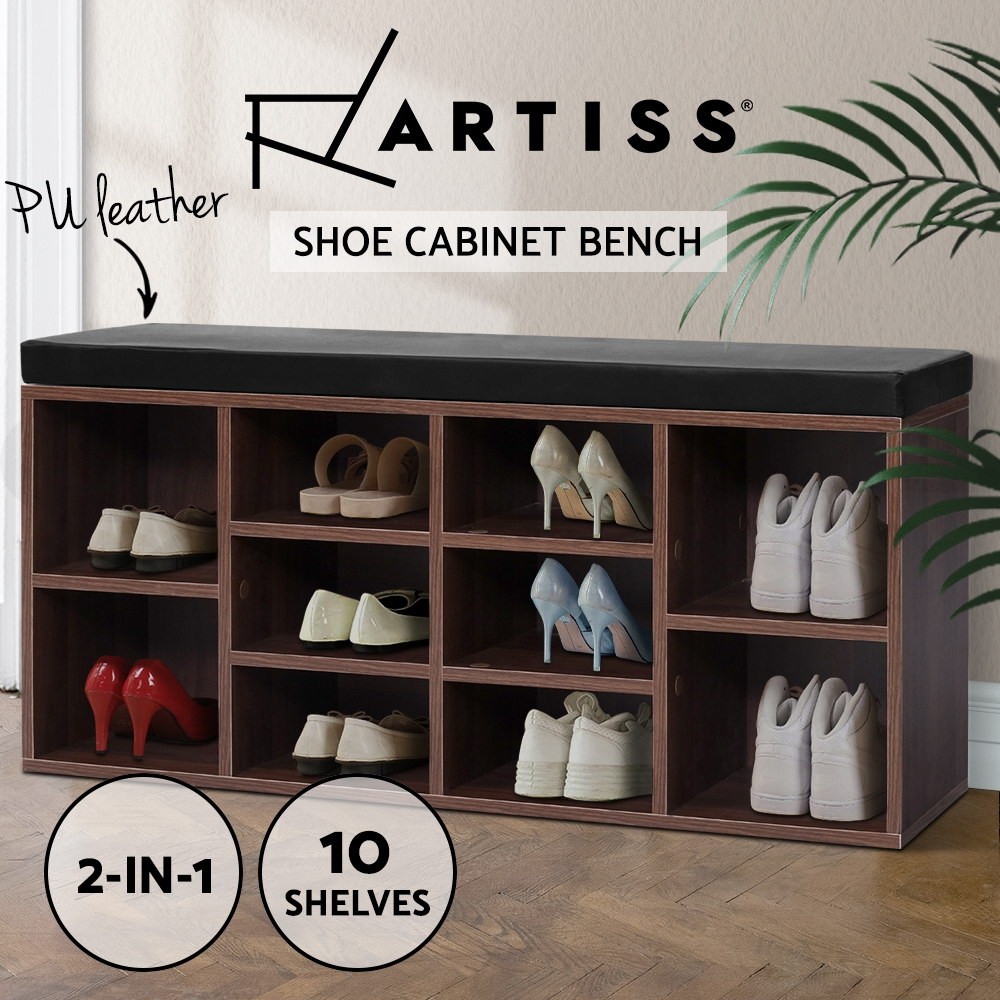 Artiss Shoe Storage Cabinet Bench 10 Pairs Walnut Padded Seat 102cm 30cm 48cm