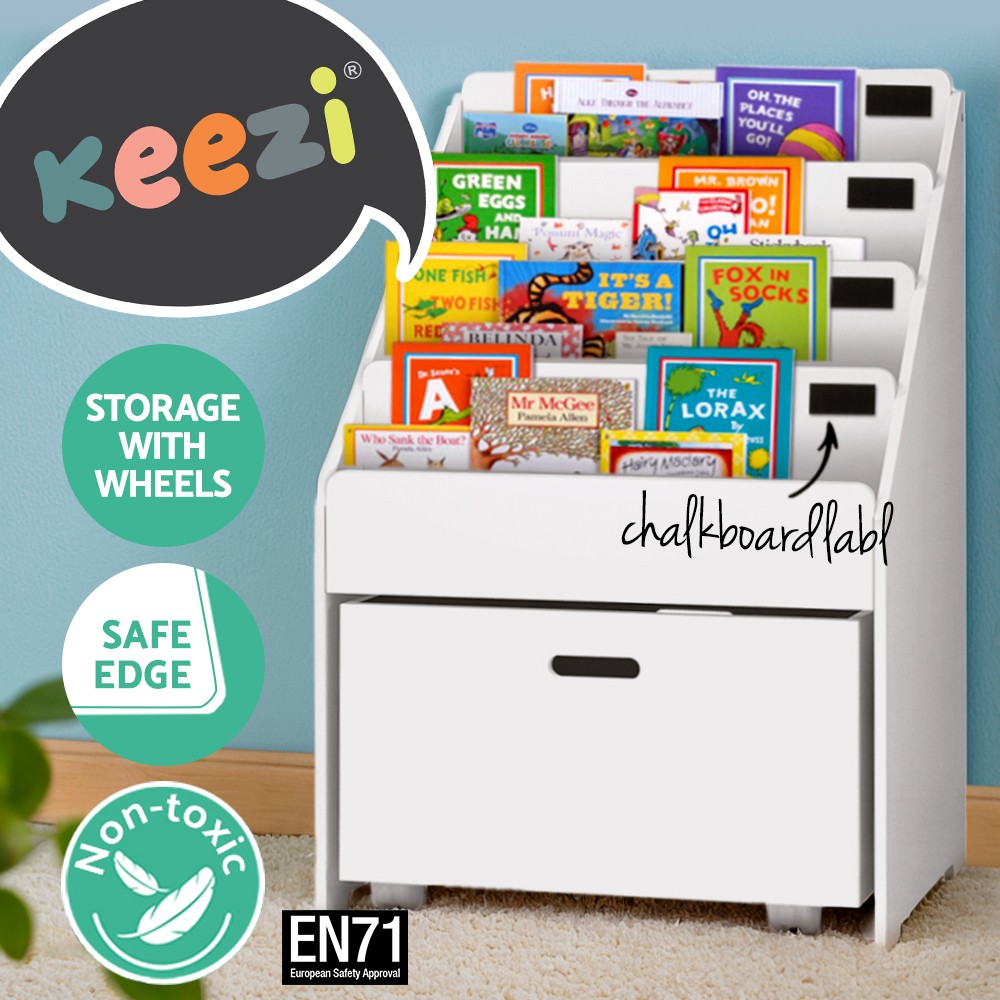 Keezi Kids Bookshelf Bookcase Organiser Chalkboard White 60 45 92cm Storage Toys