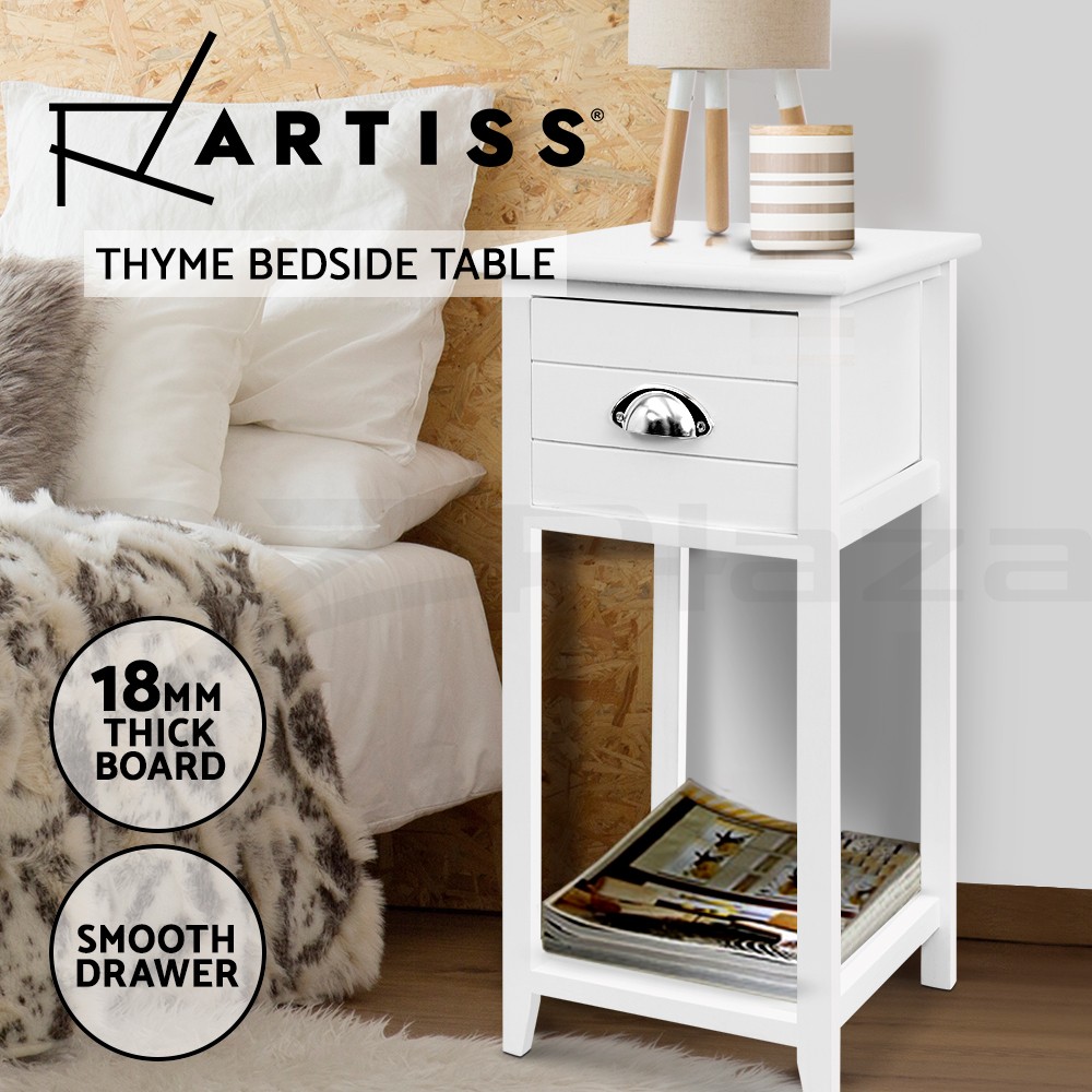 Artiss Thyme Bedside Table 1 Drawer White Vintage Style Storage bottom Shelf
