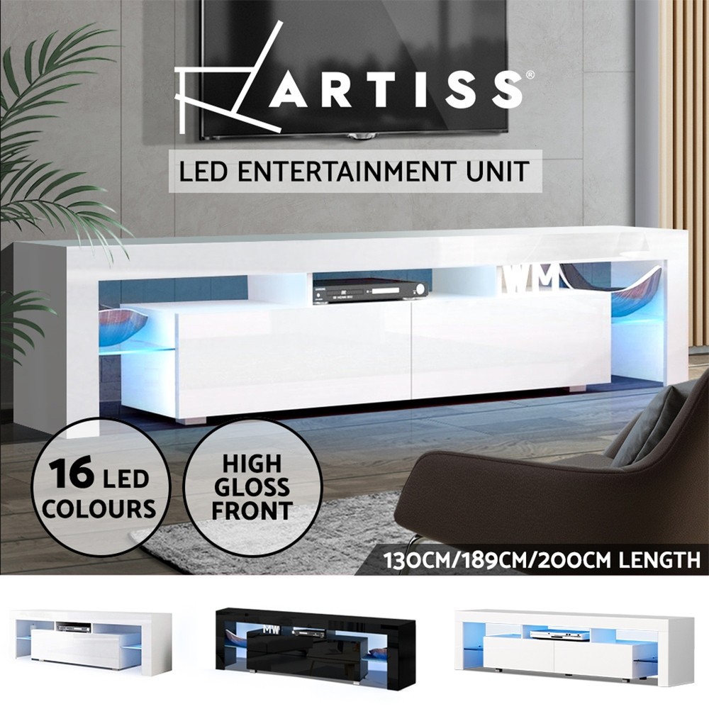 Artiss LED Stand RGB Entertainment Unit High Gloss 130cm Black/White Glass Shelf