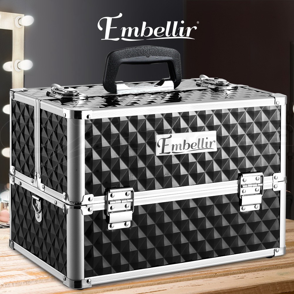 Embellir Makeup Case Aluminium Travel Organiser Mirror Black 36cm x 25cm x 23cm