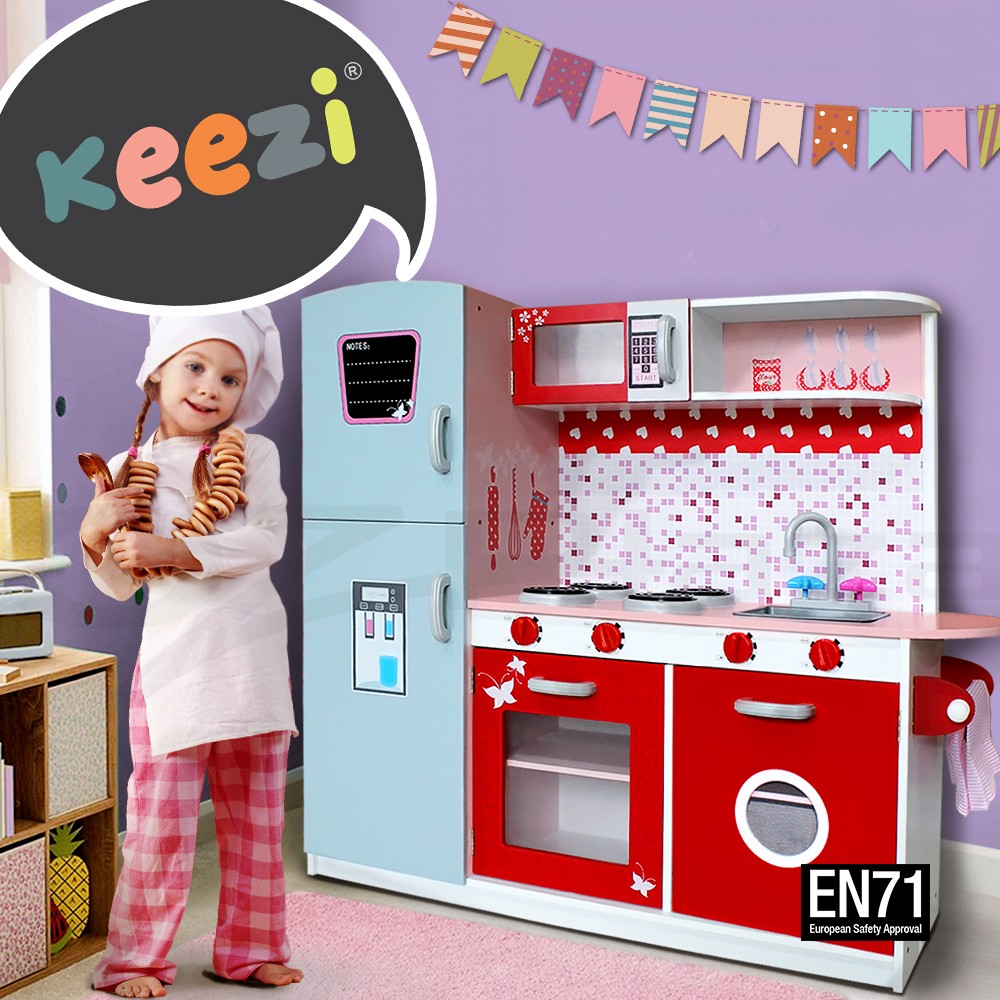 Keezi Wooden Kids Kitchen Playset Pretend Cooking Fridge Pink Red Chalkboard