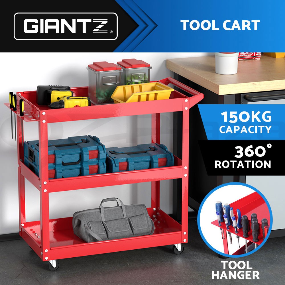 Giantz 3-Tier Tool Cart Trolley Steel 150 kg Red Lockable Wheels Workshop Garage
