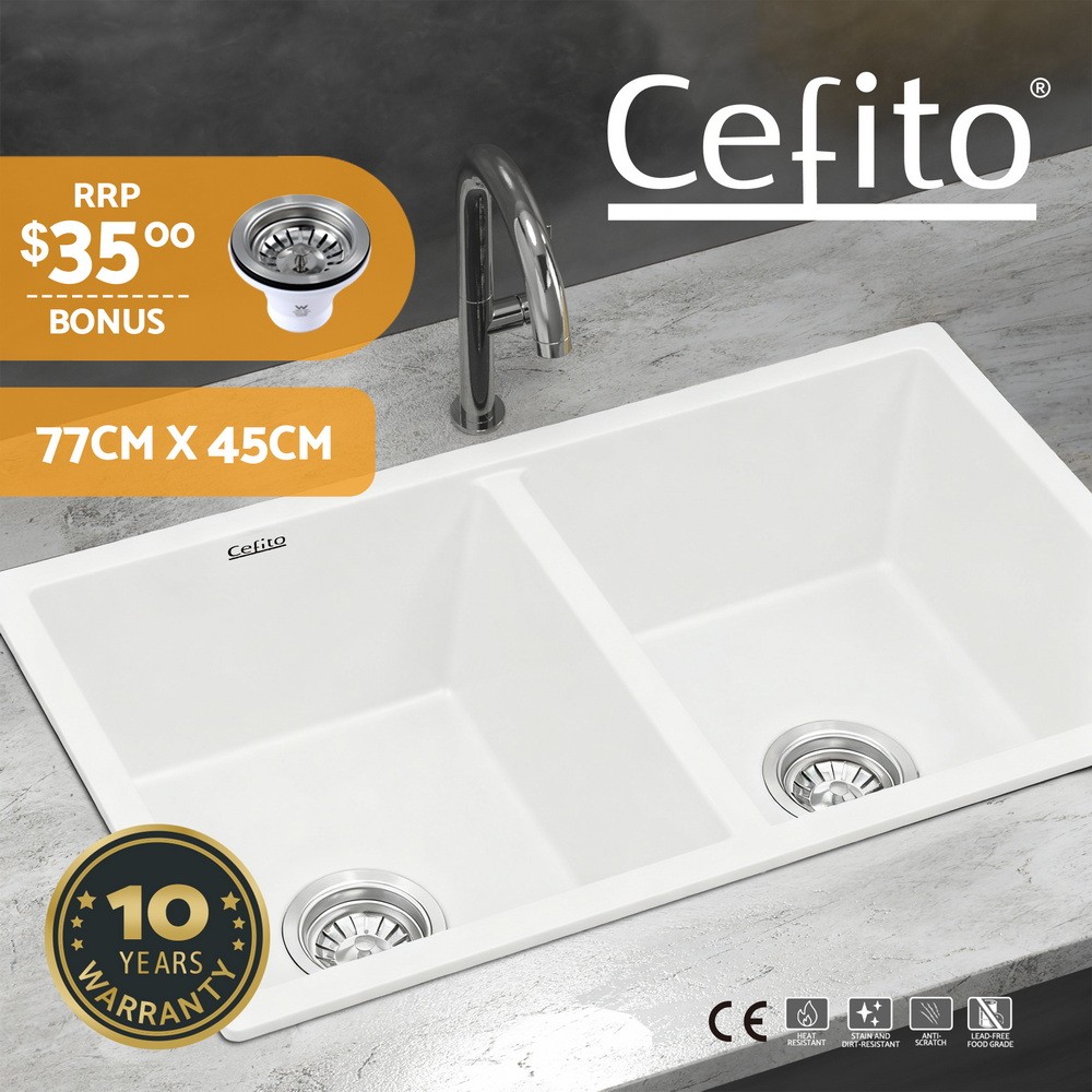 Cefito Granite Stone Kitchen Sink Double Bowl White 77x45cm 23cm Waste Strainer